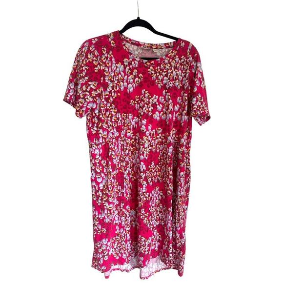 LOGO Lori Goldstein Midi Dress Size LP Large Petite Pink Printed Short Sleeves - Picture 1 of 8